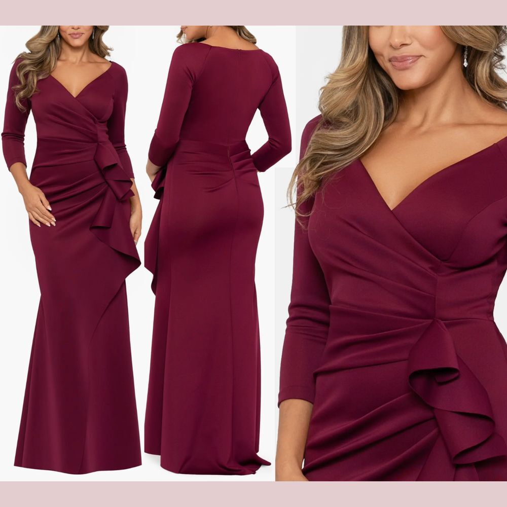 NWT $248 XSCAPE‎ [ 4 ] V Neck Ruched Scuba Ruffle Gown in Wine Red #S1356
